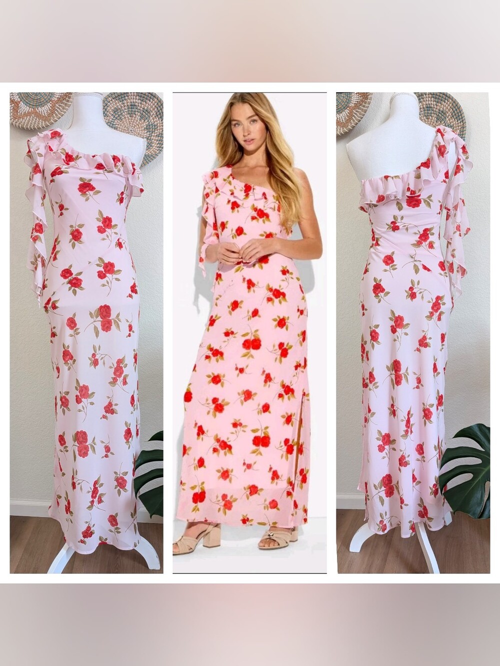 Wild Fable Pink Floral One Shoulder Ruffle Maxi Dress XXS